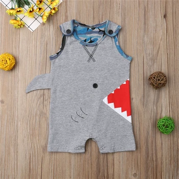 

Sleeveless Summer Round Neck Boys Clothing Gray Jumpsuit Outfit Costume Sunsuit Toddler Newborn Infant Baby Boy Shark Romper
