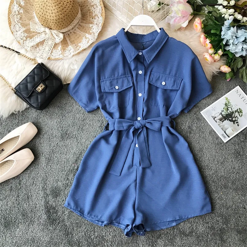 

Summer Women Jumpsuit 2019 Button Summer Work Blouse Rompers Short Jumpsuit Women Playsuit High Waist Tie Office Ladies Romper