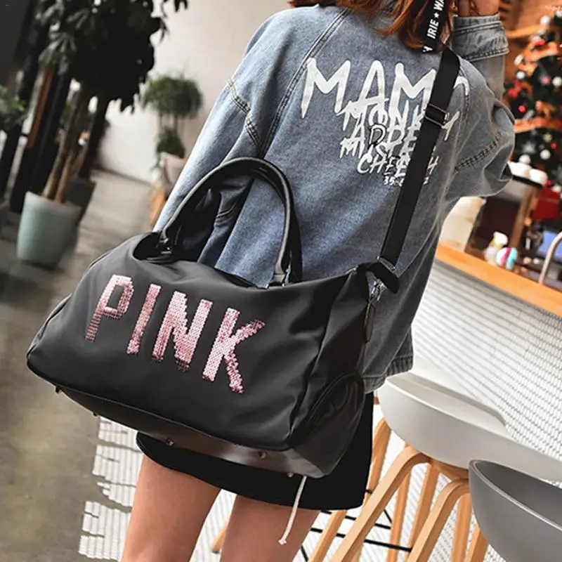

Hot Sell Letter Pink Shoulder Bag Large Capacity Waterproof Sequins Travel Duffel Bag With Shoes Fitness Travel Bag
