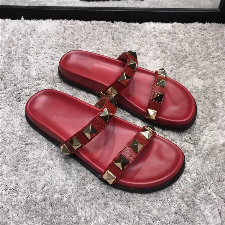 

2018 Hot Summer Shoes Woman Slides Leather Rivet Flats Design Slippers Lazy Tipe Concise Fashion Punk Rome Slippers Shoes Woman