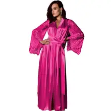 Модный женский Повседневный халат, Гладкий Мягкий ДЛИННЫЙ КРУЖЕВНОЙ ХАЛАТ, длинная ночная рубашка с поясом, рукав-колокол, пэчворк