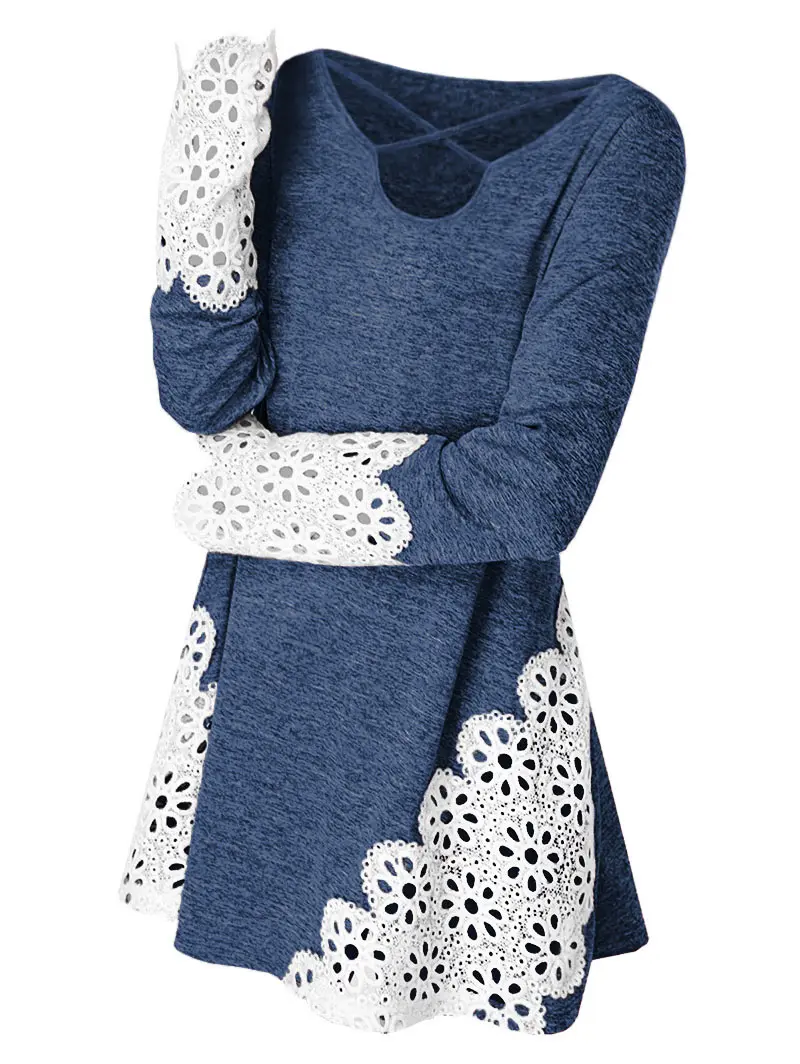 

Wipalo Plus Size 5XL Lace Panel Criss Cross T-Shirts Ladies Casual Solid Lace Patchwork Top Female V Neck Long Sleeve Women Tees