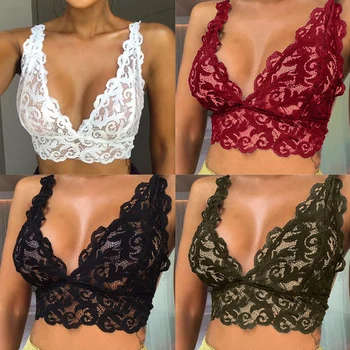 Women Lingerie Lace Flowers Bralette Bralet Bra Wire Free Fashion 3/4 Cup Red Black White Sexy Tanks Cami Crop Tops Vest Cami frill trim smock crop cami