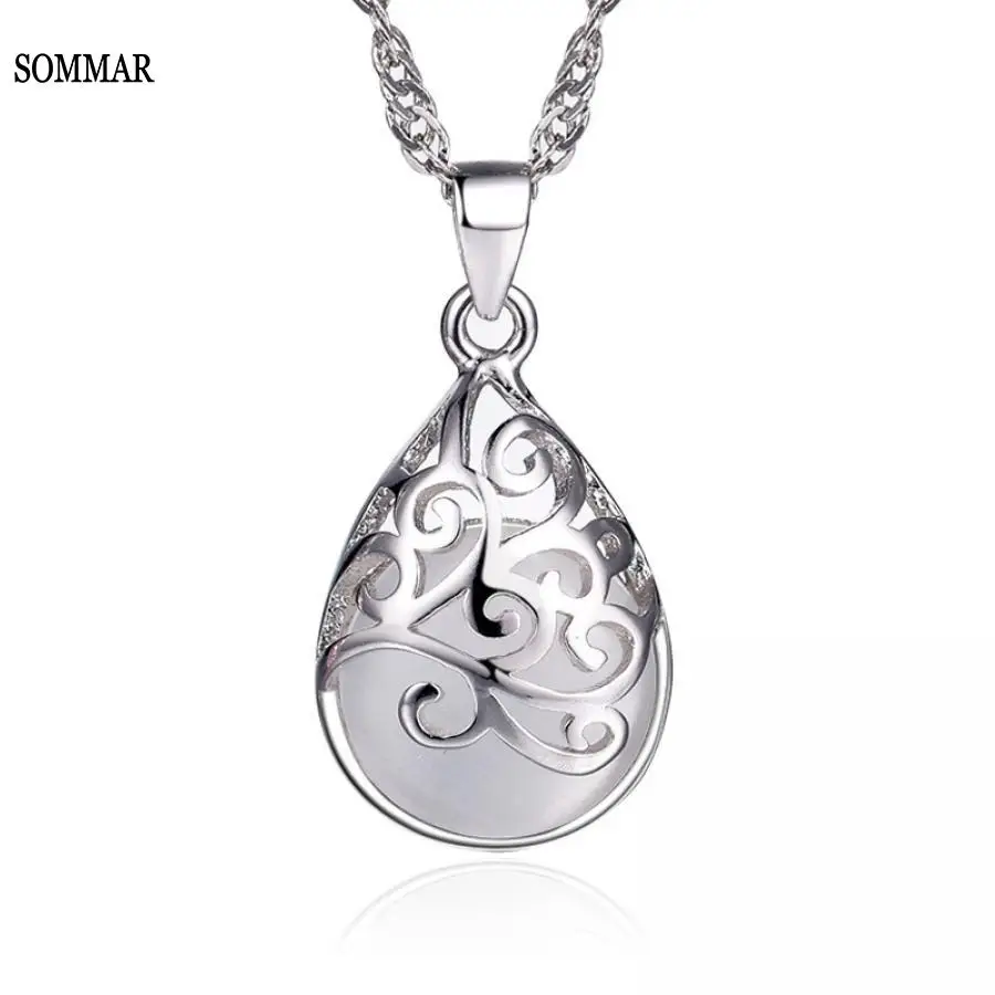 

SOMMAR 925 Sterling Silver 45cm box chain width 0.8mm Love Angle Tear Moonlight Opal Pendant Necklace For Women GiftS-N83