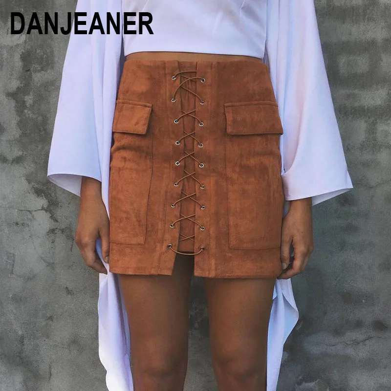 

Danjeaner Women Autumn Lace-up Pencil Skirt 2017 Winter Fashion Cross High Waist Fashion Zipper Split Bodycon Short Mini Skirts