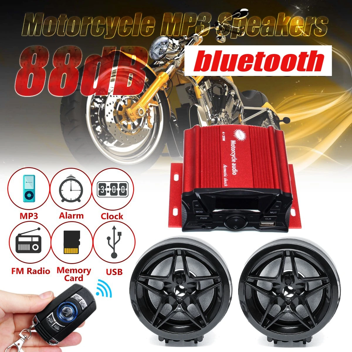 

Anti-theft 88dB Motorcycle Audio MP3 Player Wireless Remote Control Alarm Clock FM USB bluetooth Speaker Music Player