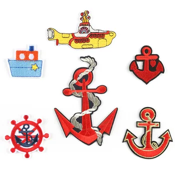 

Cartoon ship's anchor Embroidered Patches Iron On for Clothing steering wheel Flower Appliques Flower Submarine Badges Parches