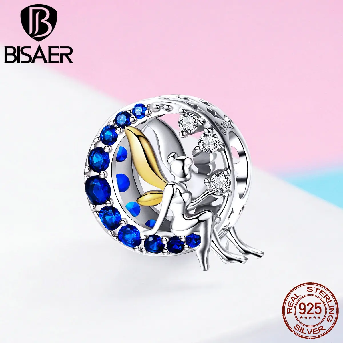 BISAER 925 пробы серебро ярко синий CZ лунный свет фея бусины для Для женщин Fit Пан