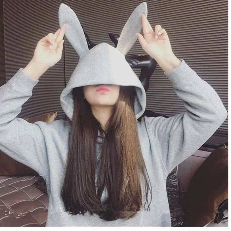 

Sweatshirt Women Hoodies Long Patchwork Rabbit Ear Hooded Sweatshirts Female Lady Autumn Hoodie Jacket Coat