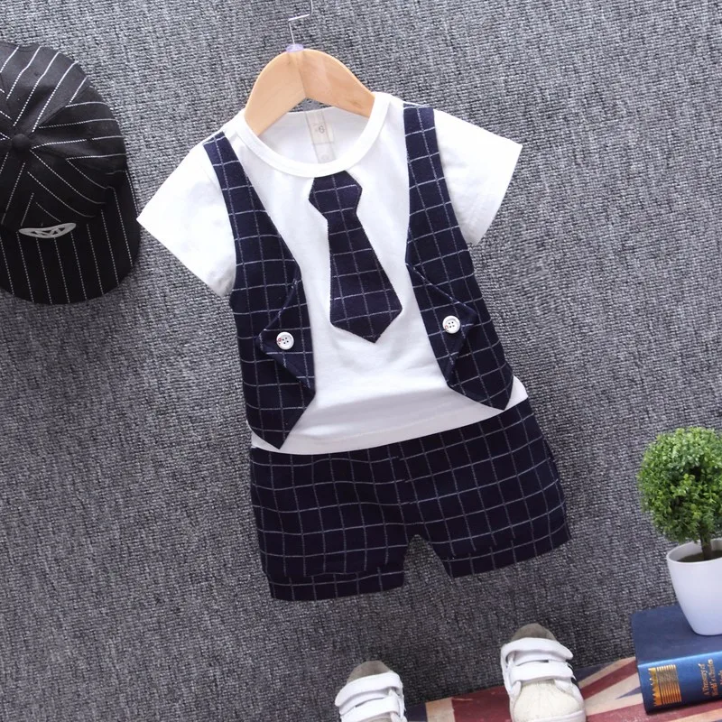Children Tracksuits Baby Boys Girls Short T-shirt Shorts 2Pcs/sets Summer Kids gentleman Tie Plaid Bowknot Pure Cotton Clothes