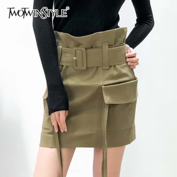 

TWOTWINSTYLE Autumn Casual Women Skirts High Waist Lace Up With Sashes A Line Mini Skirts Female Vintage Fashion 2020 New