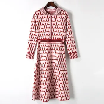 

Runway vestidos 2018 Winter Fashion Design Heart Jacquard Lapel Bandage Office Lady Party Long Dresses Knit Sweater Dress