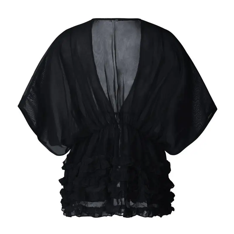 

Women's Sexy Lace-Up Bikini Cover Ups Beach Blouse Solid Color Dolman Sleeve Chiffon Ruffle Top swimsuit bathing suit women mayo