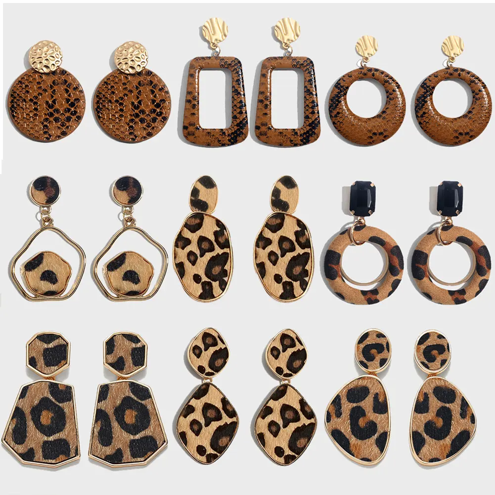 

Flatfoosie ZA Leopard Print Drop Earrings For Women Round Square Leather Vintage Punk Big Long Dangle Statement Earrings Jewelry