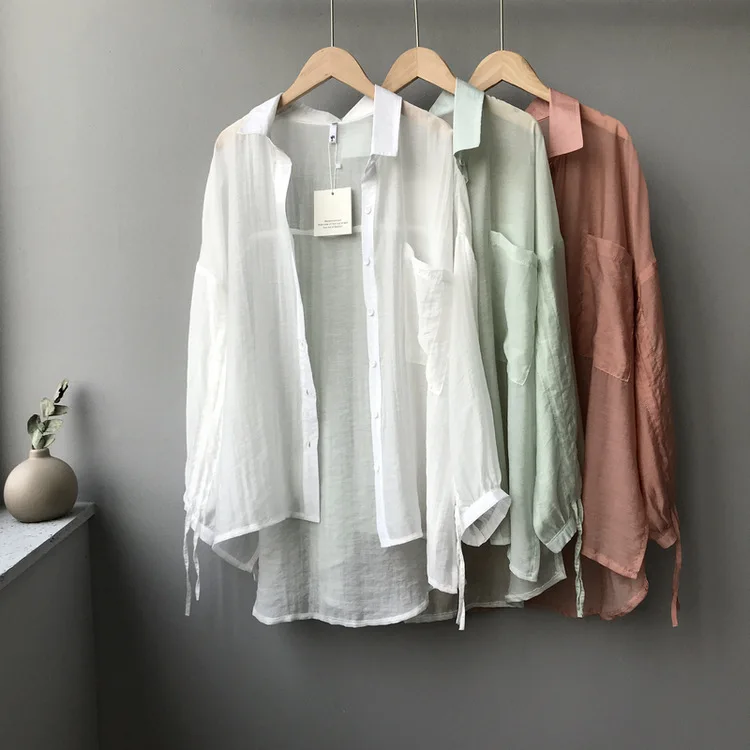 ملابس وقاية من الشمس 2019 الصيف جديد بلون قميص غير النظامية الرباط رقيقة القسم قميص معطف المرأة الملابس