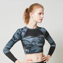 С камуфляжным принтом женские рубашки для иоги Сексуальная Мягкий Спортивный Топ Training бег рубашки для мальчиков длинным рукавом со съемными подушечками