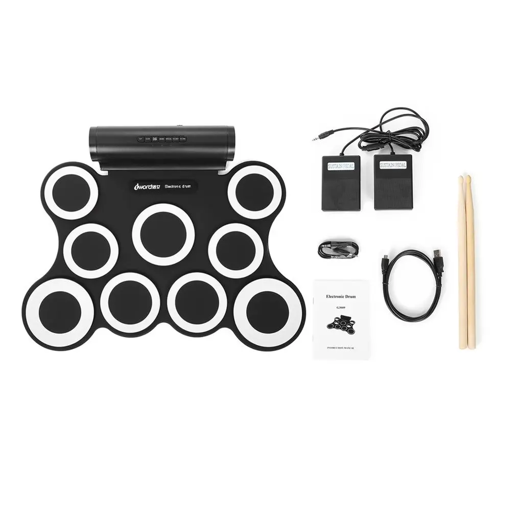 Портативный рулон набор электронных барабанов наборы 3009 9 подушечек Встроенные колонки с педалями для ног барабанные палочки USB кабель для практики