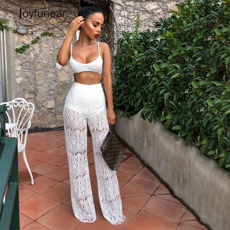 

Joyfunear White Hollow Out Lace Two Piece Set Women Tank Tops Transparent Pants Sexy 2 PC Set 2019 Summer 2 Piece Set Women Suit