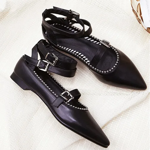 

2018 Hot Summer Shoes Woman Flats Leather Pointed Toes Rivet Rome Design Ballet Flats Shoes Punk Fashion Tipe Shoes Woman Flats