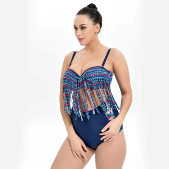

Plus Size Women Vintage Monokini Bikini Sets Tassel Swimwear Bathing Suit Beach New 2019