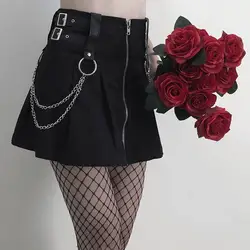 Осень Харадзюку готический панк для женщин юбки для с металлической цепью Высокая талия молния Мода плиссированные мини юбка готическ