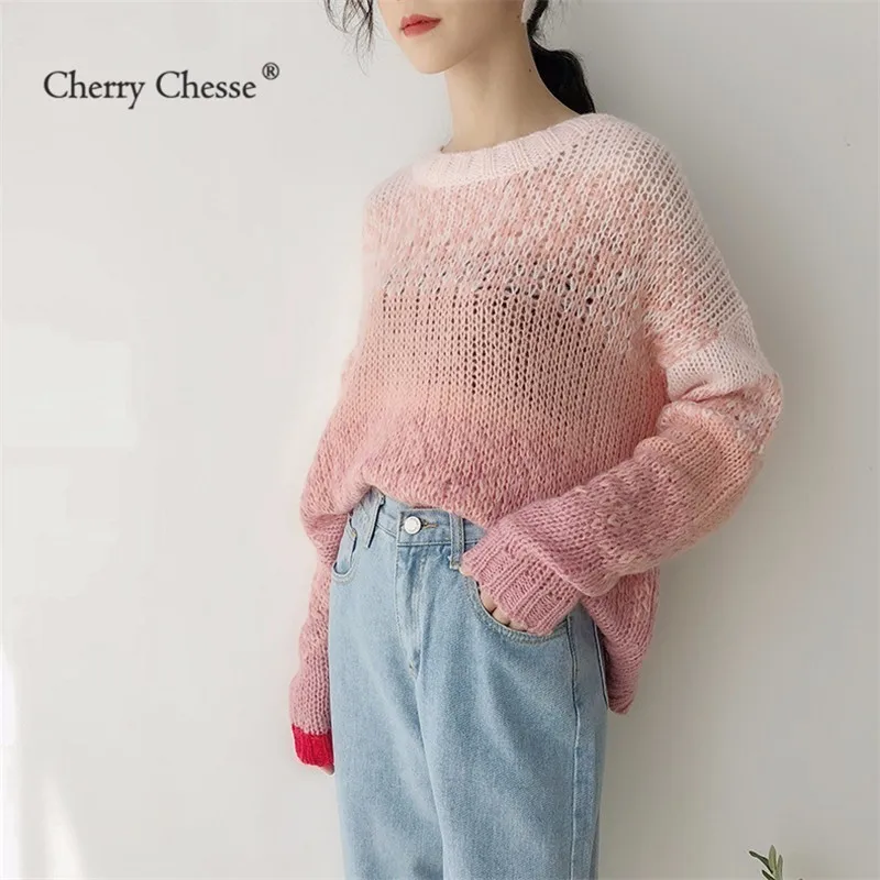 Cherry Chesse Harajuku сладкий Для женщин вязаный свитер контраст с круглым вырезом