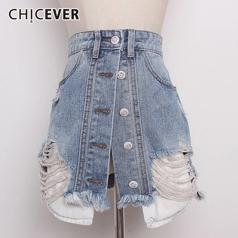 

CHICEVER 2019 Spring Denim Hole Women's Skirts Female High Waist Irregular Mini Skirt For Women Korean Fashion Clothes New