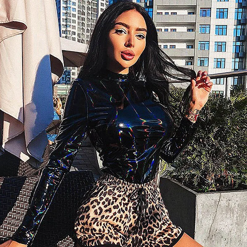 

PU Leather Zipper Bodysuit Women Fashion Elastic Long Sleeve Clothing Black Spring Party Club Slim Body