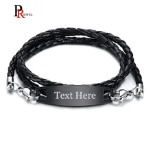 Заказная гравировка ID браслеты для мужчин Многослойные черные кожаные браслеты pulsera masculina 8,26"