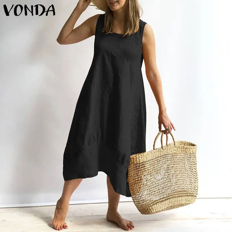 

VONDA Women Vintage Cotton Dress 2019 Summer Casual Loose Square Neck Solid Dresses Sexy Sleeveless Mid Calf Vestidos Plus Size