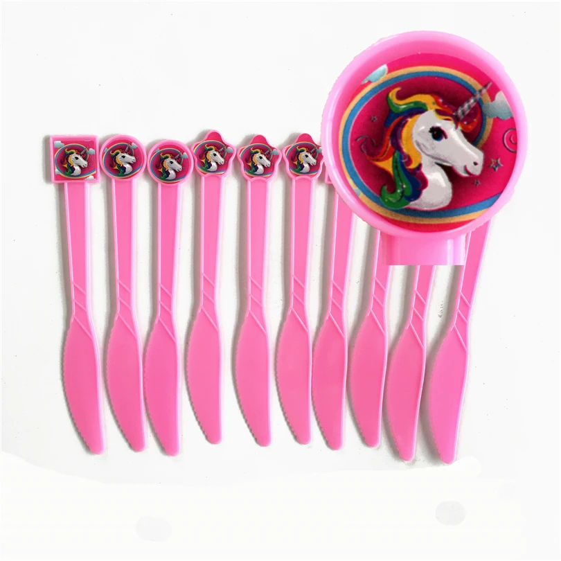 

10pcs/lot Unicorn Theme Happy Birthday Party Kids Favors Pink Knife Baby Shower Tableware Events Decoration Cartoon Supplies