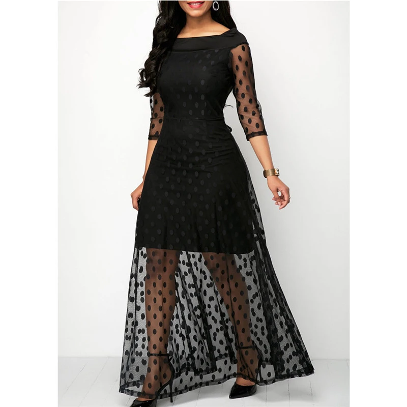 

LADIES WOMENS THREE QUARTER SLEEVE STRETCH SEXY DRESS SEE THROUGH DOT PRINTED MESH LONG DRESS PARTY DRESS