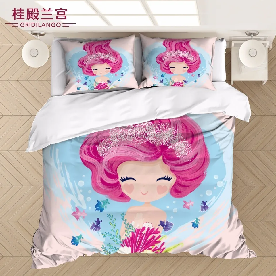 

GRIDILANGO Cartoon Mermaid Bedding Set King Pink Cute Duvet Cover Set Bedclothes 3pcs for Adults Kids Girls Bedroom Dropshipping