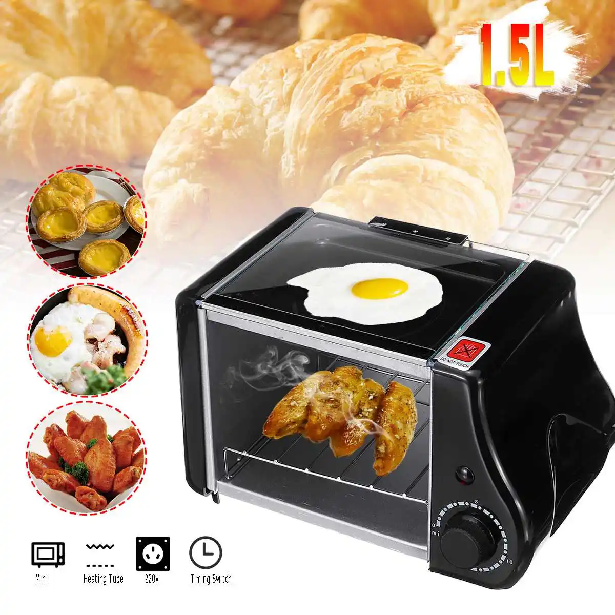 

220 v/220W 2pcs Baking Pan 1.5L Mini Toaster Bread Electric Oven Baking Frying Pan Eggs Omelette Kitchen Pizzas Bread Fries Cake