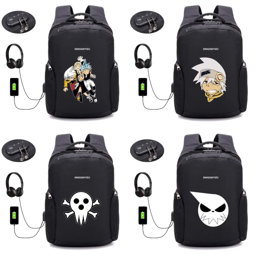

Japan anime Soul Eater Backpack Anti-Theft Backpack USB Charge Laptop bag Unisex Knapsack student book backpack 16 style