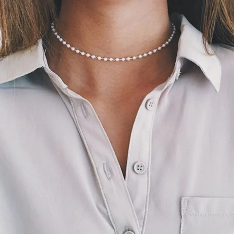 

Vintage Gold Silver Color Simulated-pearl Chain Choker Necklace for Women Party Collar Necklace Fashion Wedding Jewelry Gift
