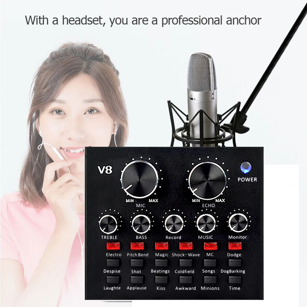 

2019 New Arrival V8 Audio External USB Headset Microphone Live Broadcast Sound Card for Mobile Phone Computer PC