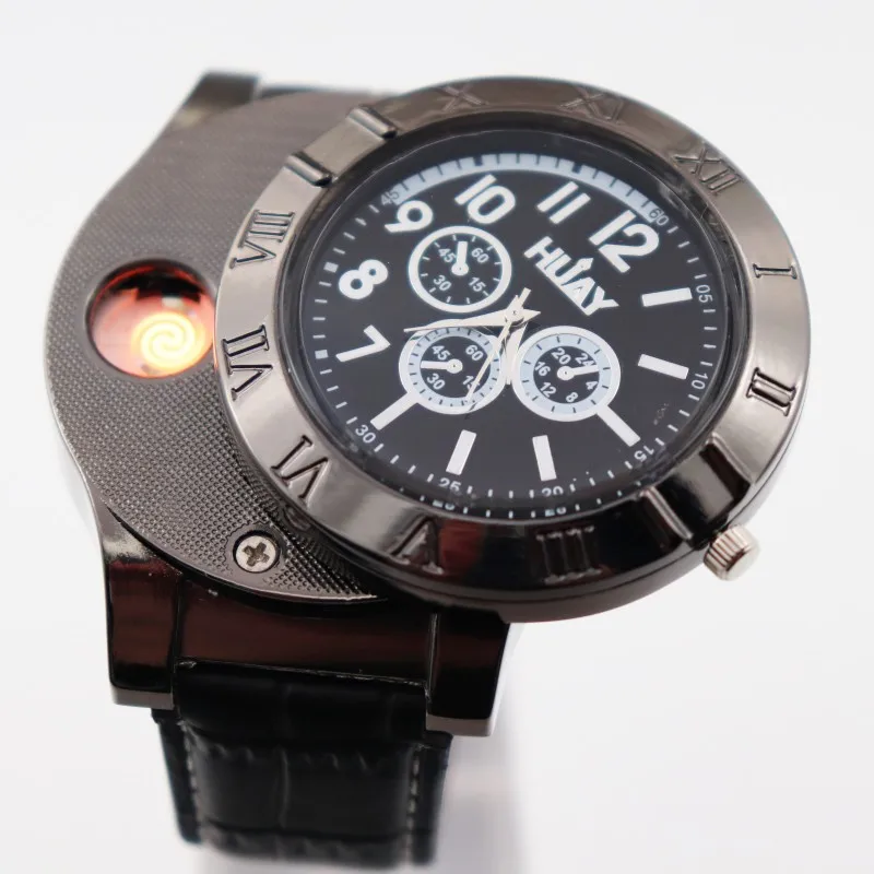 

Lighter Watch Men's Military USB Charging Quartz watches sports watch Windproof Flameless Cigarette Lighter F665-1 leather 1pcs