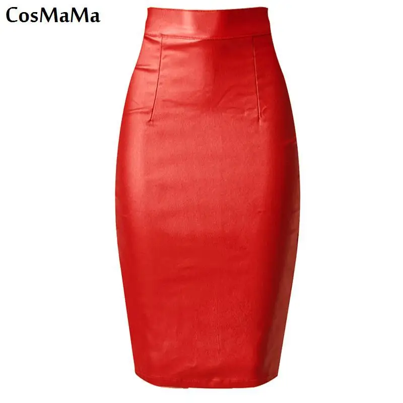 

High waist Slim stretch Maccaron big red coated faux leather cowboy half body pack hip women skirt after opening fork brown
