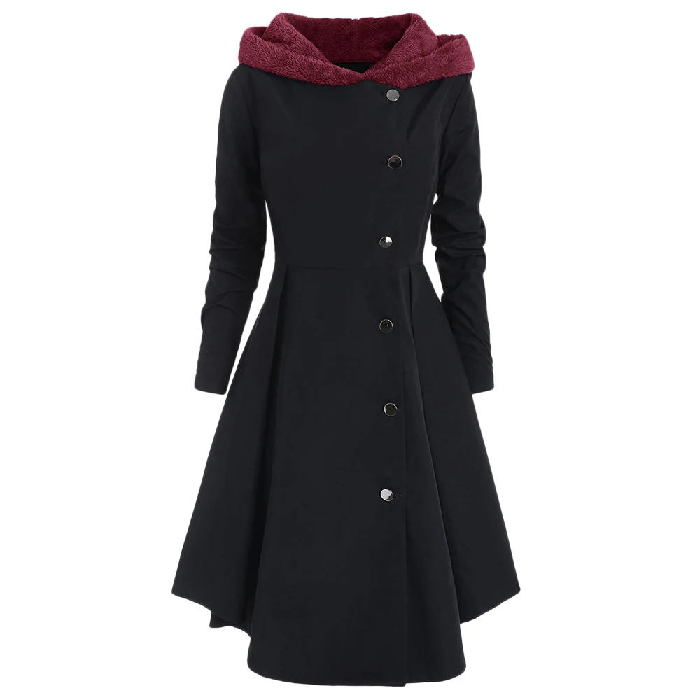 

Joineles Plus Size Asymmetric Fleece Contrast Hooded Skirted Coat Women Winter Coats Single Breasted Color Block Outerwear Tops