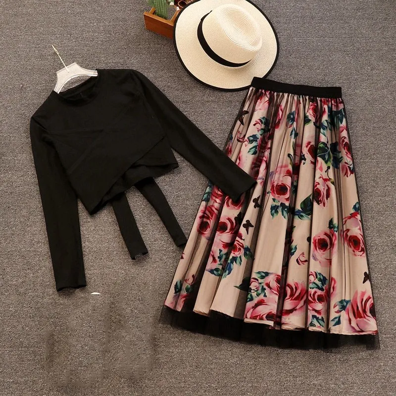 

Women Irregular T Shirt Mesh Skirts Suits Solid Tops Vintage Floral Skirt Sets Print Elegant Bowknot Two-Piece Sets
