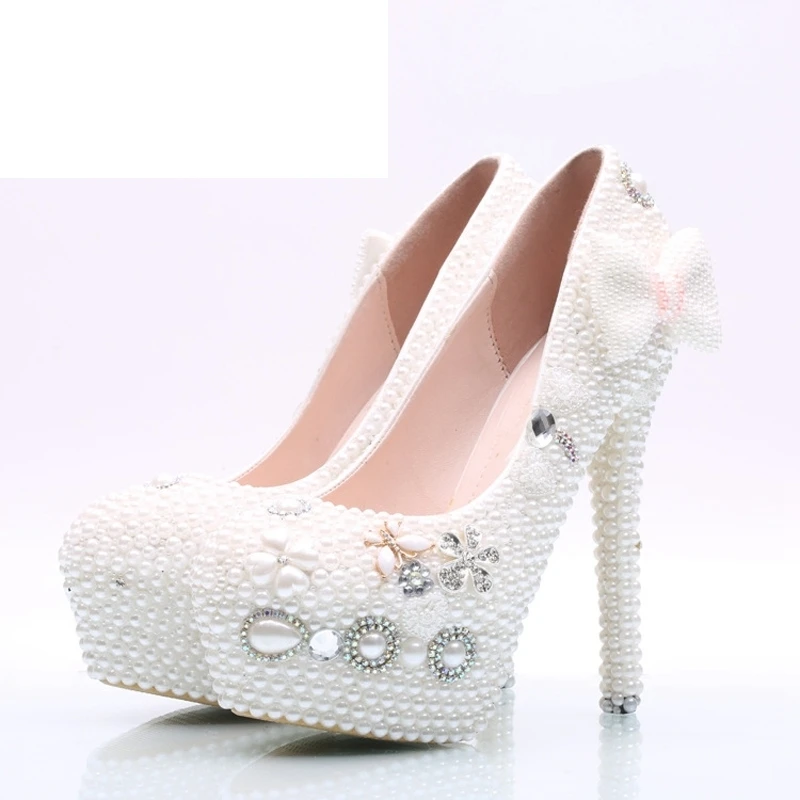 

Handmade Women High Heel Shoes White Pearl Wedding Party Shoes with Bowtie Nightclub Rhinestone Prom Pumps Bridal Shoes