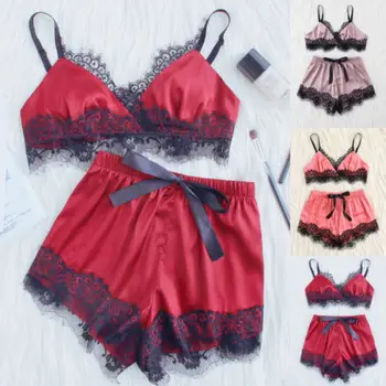 

Spring Newest 2pcs Women Aesthetic Satin Cute Lace Sleepwear Babydoll Lingerie Nightdress Pajamas set