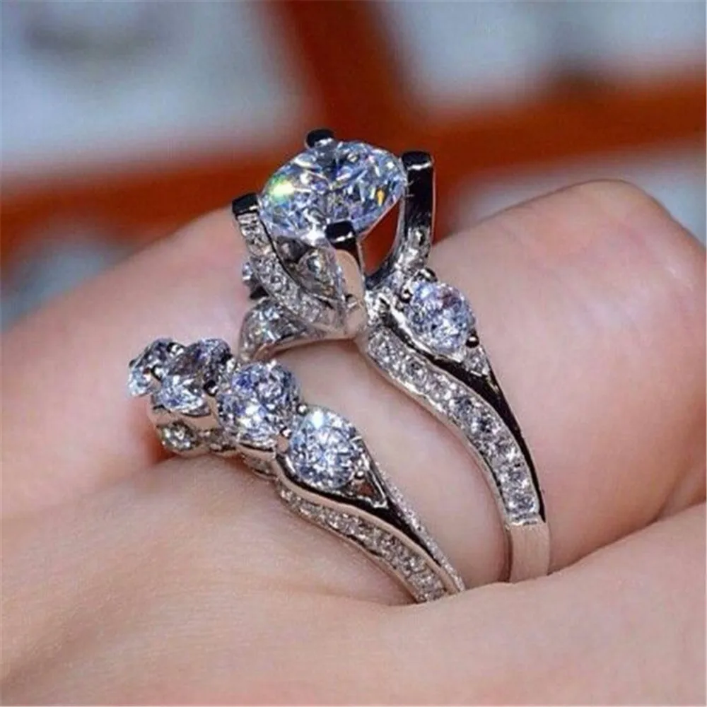 Luxury Ring Set White CZ Stone Wedding Rings for Women