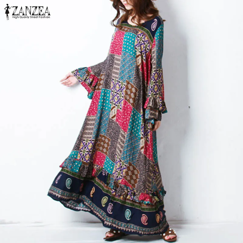 ZANZEA Women Retro Floral Print Autumn O Neck Butterfly Sleeve Casual Party Flouncing Long Dress Vestido With Belt Plus Size