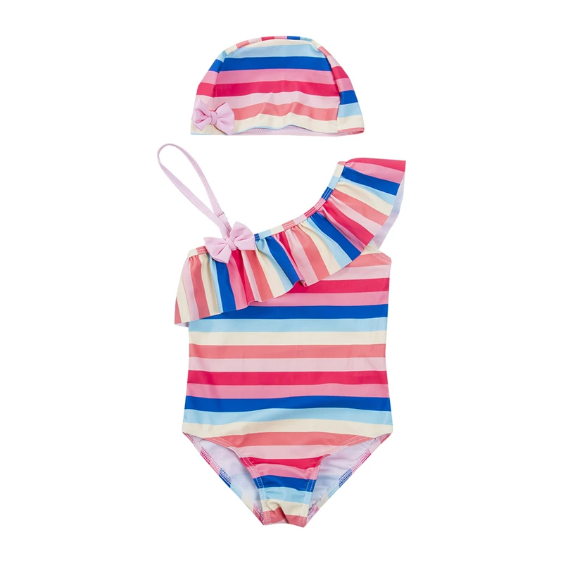 2Pcs Cute Kid Girl Swimwear Striped Girls Bikini One Piece Swimsuit