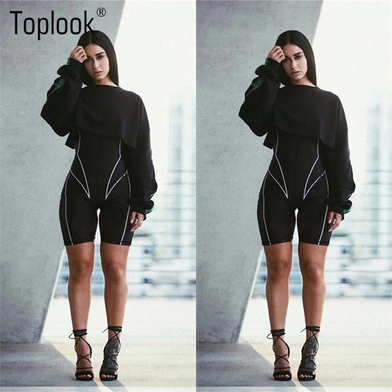 مثير ارتداءها النساء السود الياقة المدورة خليط السروال القصير الإناث الجسم للنساء بذلة بأكمام طويلة 2019 مهرجان السراويل