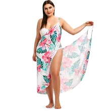 ROSE GAL Plus Size Sexy Beach Dress Beach Tunic Leaf Print Cover Up Swim Maxi Dress Tunic Swim Women Cover Up Dress Vestidos dot print swim dress