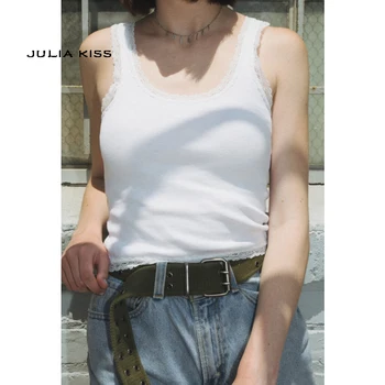 

Women Scoop Neck Soft Ribbed Cotton Tank With Lace Trimmings