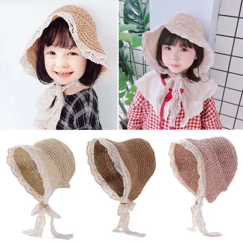

Lace Bandage Manual Weave Straw Hat Girls Summer Fishing Brim Sun Hat Visor Seaside Beach Cap Hand-woven Foldable Protection Hat